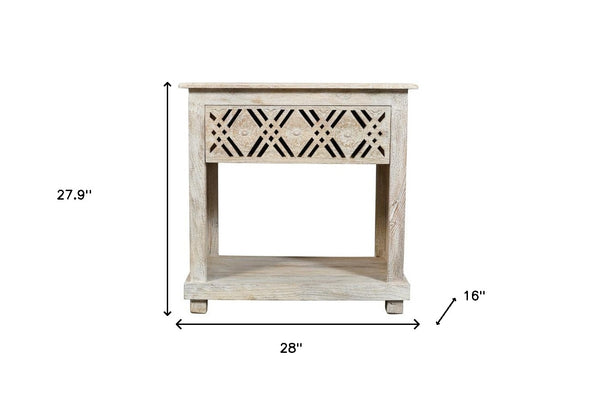 Homeroots 28" White Distressed Carved Geometric Solid Wood Nightstand   555401
