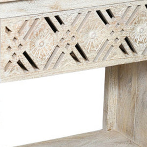 Homeroots 28" White Distressed Carved Geometric Solid Wood Nightstand   555401