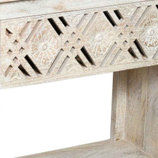 Homeroots 28" White Distressed Carved Geometric Solid Wood Nightstand   555401