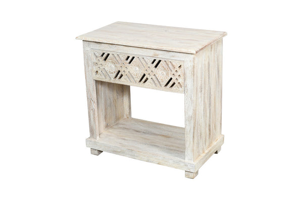 Homeroots 28" White Distressed Carved Geometric Solid Wood Nightstand   555401