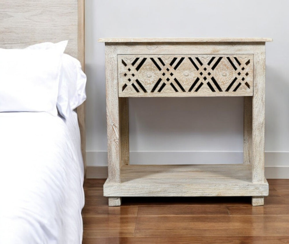 Homeroots 28" White Distressed Carved Geometric Solid Wood Nightstand   555401