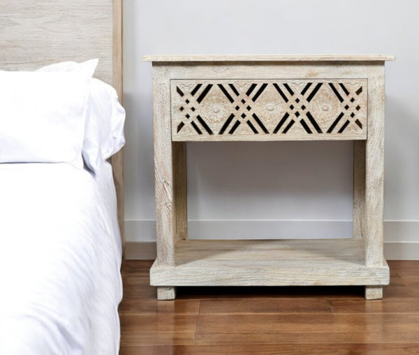 Homeroots 28" White Distressed Carved Geometric Solid Wood Nightstand   555401