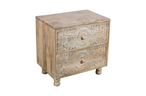 Homeroots 24" Natural Two Drawer Distressed Carved Floral Solid Wood Nightstand   555403