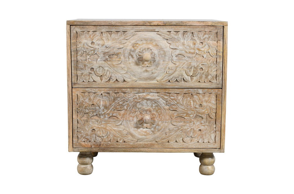 Homeroots 24" Natural Two Drawer Distressed Carved Floral Solid Wood Nightstand   555403