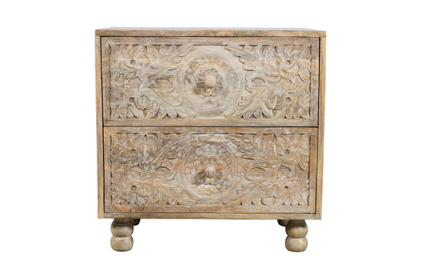 Homeroots 24" Natural Two Drawer Distressed Carved Floral Solid Wood Nightstand   555403