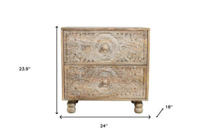 Homeroots 24" Natural Two Drawer Distressed Carved Floral Solid Wood Nightstand   555403
