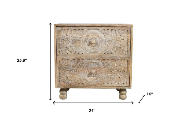 Homeroots 24" Natural Two Drawer Distressed Carved Floral Solid Wood Nightstand   555403