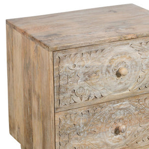 Homeroots 24" Natural Two Drawer Distressed Carved Floral Solid Wood Nightstand   555403