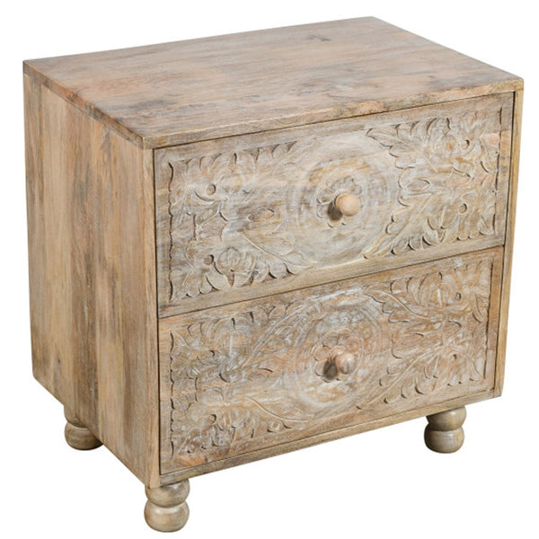 Homeroots 24" Natural Two Drawer Distressed Carved Floral Solid Wood Nightstand   555403