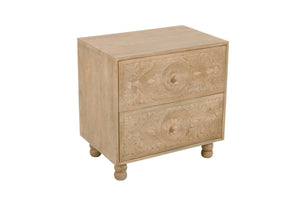HomeRoots 24" Distressed Beige Solid Wood Nightstand with Elegant Carved Scrollwork for Coastal Charm 555404