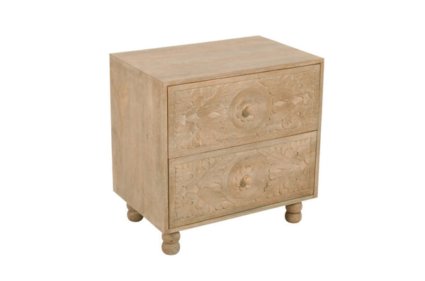 HomeRoots 24" Distressed Beige Solid Wood Nightstand with Elegant Carved Scrollwork for Coastal Charm 555404