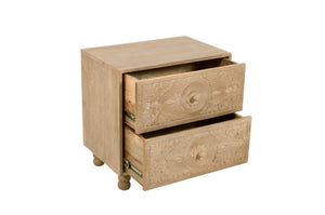 HomeRoots 24" Distressed Beige Solid Wood Nightstand with Elegant Carved Scrollwork for Coastal Charm 555404