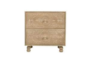 HomeRoots 24" Distressed Beige Solid Wood Nightstand with Elegant Carved Scrollwork for Coastal Charm 555404