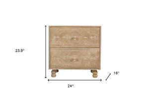 HomeRoots 24" Distressed Beige Solid Wood Nightstand with Elegant Carved Scrollwork for Coastal Charm 555404