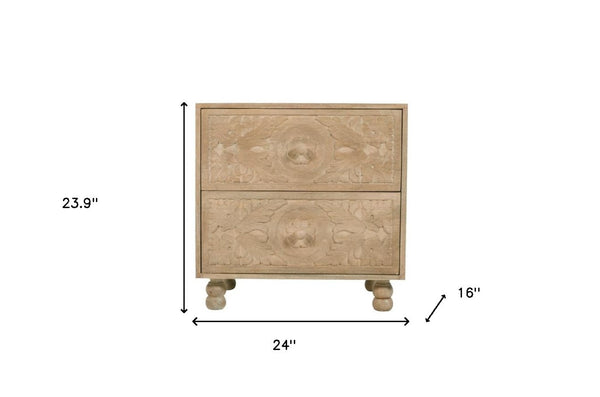 HomeRoots 24" Distressed Beige Solid Wood Nightstand with Elegant Carved Scrollwork for Coastal Charm 555404