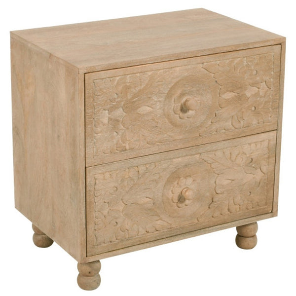 HomeRoots 24" Distressed Beige Solid Wood Nightstand with Elegant Carved Scrollwork for Coastal Charm 555404