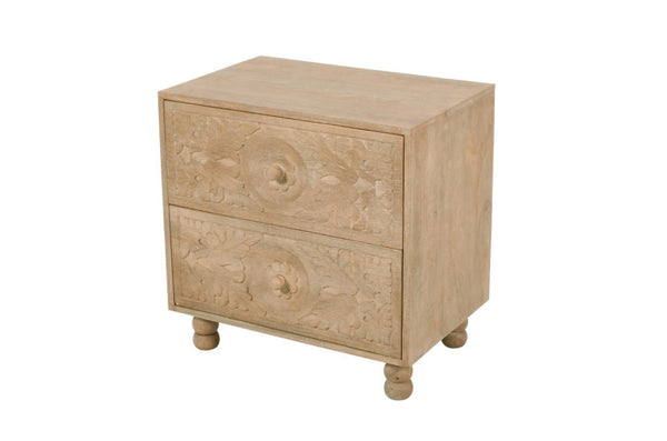 HomeRoots 24" Distressed Beige Solid Wood Nightstand with Elegant Carved Scrollwork for Coastal Charm 555404