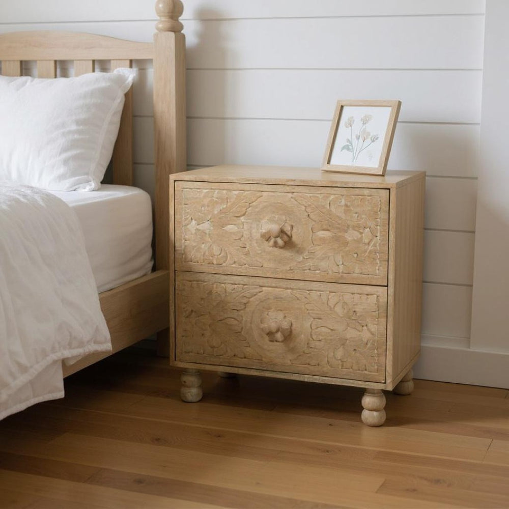 HomeRoots 24" Distressed Beige Solid Wood Nightstand with Elegant Carved Scrollwork for Coastal Charm 555404