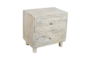 HomeRoots 24" Distressed Carved Solid Wood Two-Drawer Nightstand - Farmhouse Charm with Vintage Scrollwork Design 555405