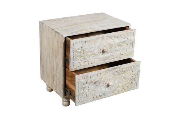 HomeRoots 24" Distressed Carved Solid Wood Two-Drawer Nightstand - Farmhouse Charm with Vintage Scrollwork Design 555405