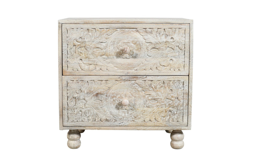 HomeRoots 24" Distressed Carved Solid Wood Two-Drawer Nightstand - Farmhouse Charm with Vintage Scrollwork Design 555405