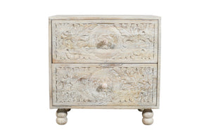 HomeRoots 24" Distressed Carved Solid Wood Two-Drawer Nightstand - Farmhouse Charm with Vintage Scrollwork Design 555405
