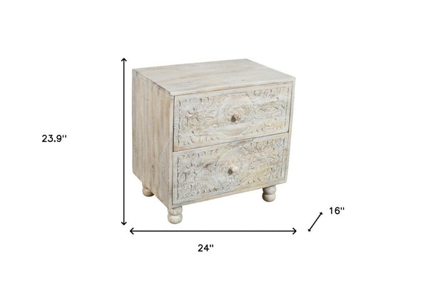 HomeRoots 24" Distressed Carved Solid Wood Two-Drawer Nightstand - Farmhouse Charm with Vintage Scrollwork Design 555405
