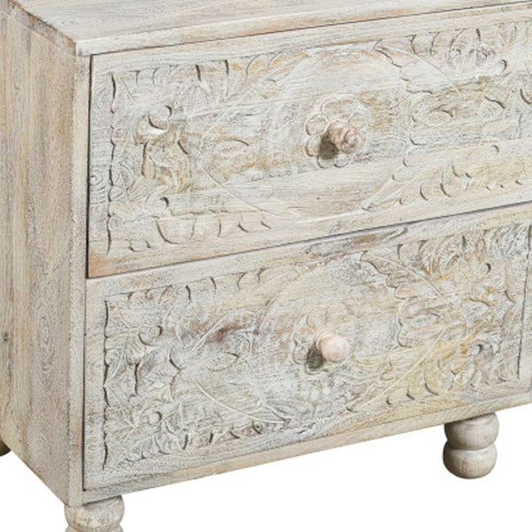 HomeRoots 24" Distressed Carved Solid Wood Two-Drawer Nightstand - Farmhouse Charm with Vintage Scrollwork Design 555405