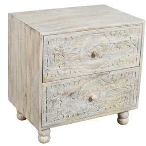 HomeRoots 24" Distressed Carved Solid Wood Two-Drawer Nightstand - Farmhouse Charm with Vintage Scrollwork Design 555405