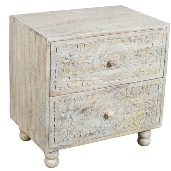HomeRoots 24" Distressed Carved Solid Wood Two-Drawer Nightstand - Farmhouse Charm with Vintage Scrollwork Design 555405