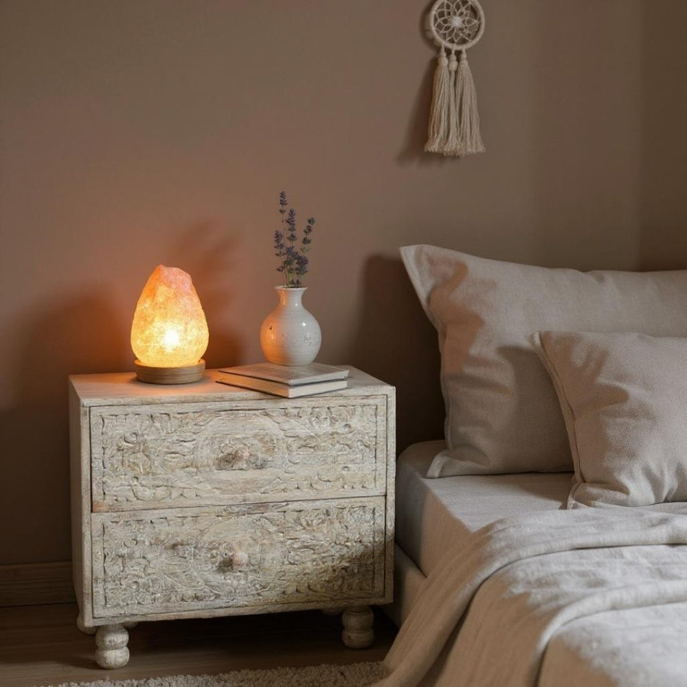 HomeRoots 24" Distressed Carved Solid Wood Two-Drawer Nightstand - Farmhouse Charm with Vintage Scrollwork Design 555405