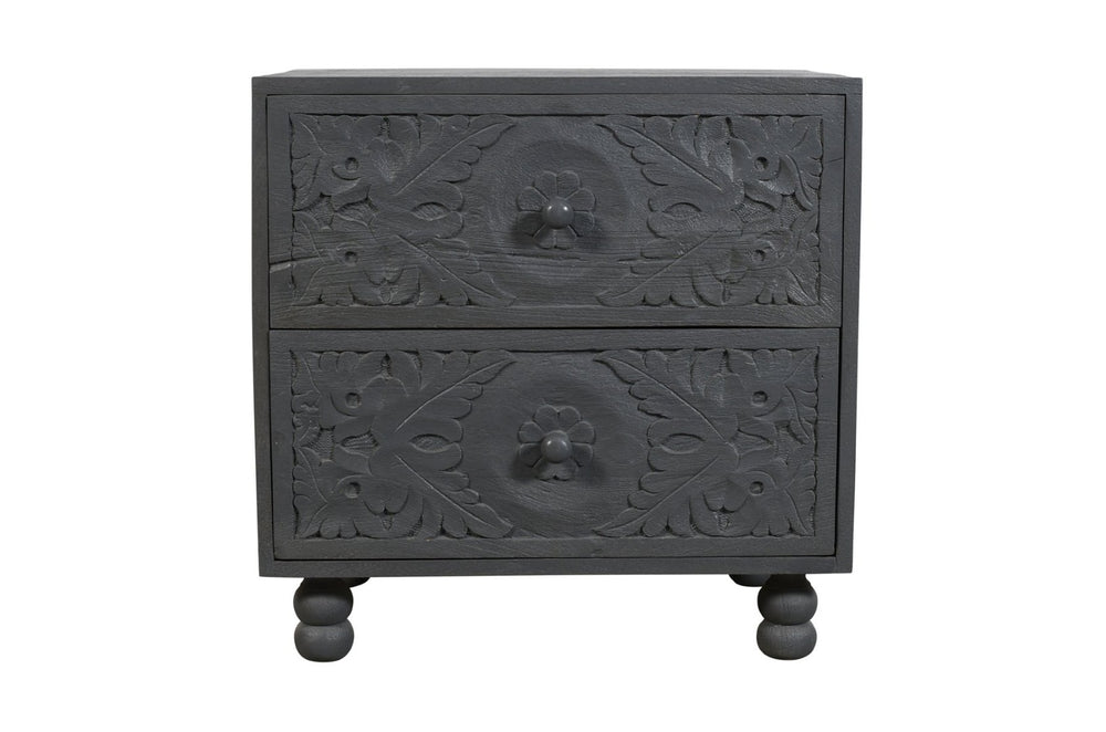 HomeRoots 24" Distressed Gray Solid Wood Nightstand with Carved Scrollwork - Vintage Charm & Storage Solution 555406