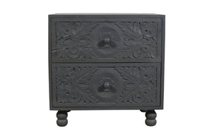 HomeRoots 24" Distressed Gray Solid Wood Nightstand with Carved Scrollwork - Vintage Charm & Storage Solution 555406