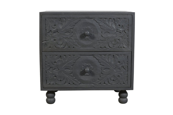 HomeRoots 24" Distressed Gray Solid Wood Nightstand with Carved Scrollwork - Vintage Charm & Storage Solution 555406
