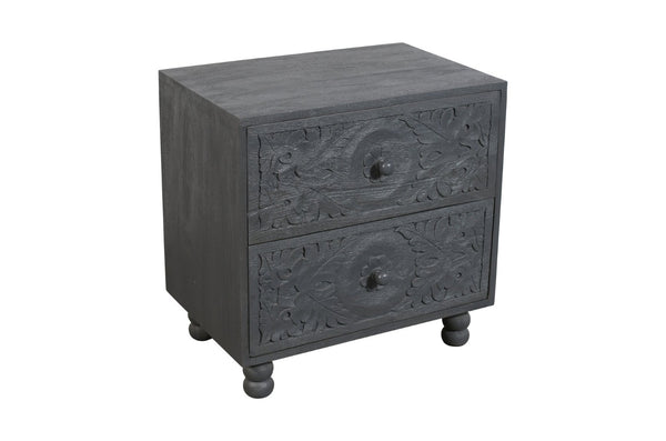HomeRoots 24" Distressed Gray Solid Wood Nightstand with Carved Scrollwork - Vintage Charm & Storage Solution 555406