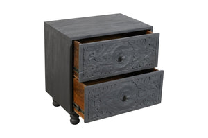 HomeRoots 24" Distressed Gray Solid Wood Nightstand with Carved Scrollwork - Vintage Charm & Storage Solution 555406