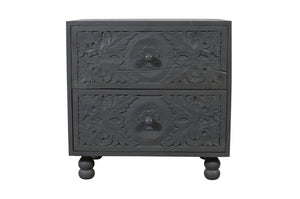 HomeRoots 24" Distressed Gray Solid Wood Nightstand with Carved Scrollwork - Vintage Charm & Storage Solution 555406