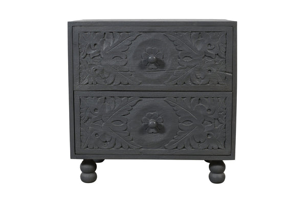 HomeRoots 24" Distressed Gray Solid Wood Nightstand with Carved Scrollwork - Vintage Charm & Storage Solution 555406