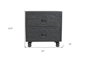 HomeRoots 24" Distressed Gray Solid Wood Nightstand with Carved Scrollwork - Vintage Charm & Storage Solution 555406