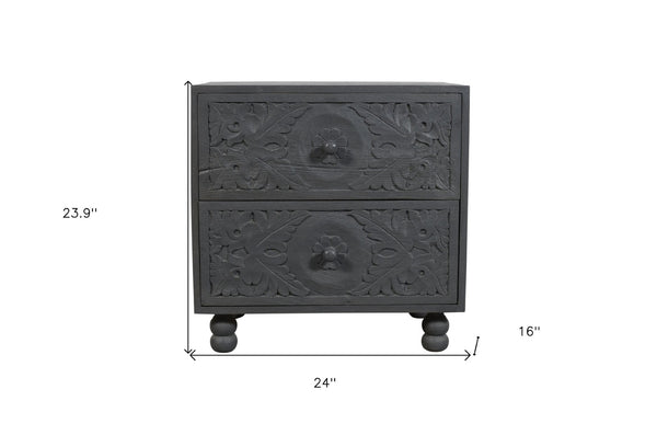 HomeRoots 24" Distressed Gray Solid Wood Nightstand with Carved Scrollwork - Vintage Charm & Storage Solution 555406