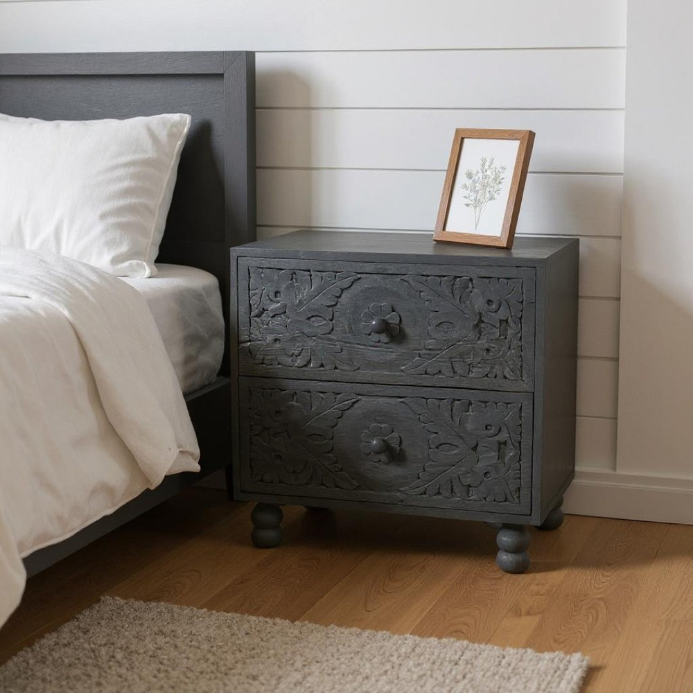HomeRoots 24" Distressed Gray Solid Wood Nightstand with Carved Scrollwork - Vintage Charm & Storage Solution 555406