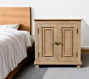 Homeroots 28" Distressed Beige Solid Wood Nightstand With Storage   555408