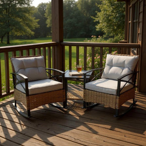 Three Piece Rattan Bistro Set with Woven Wicker Chairs Plus Side Table for Outdoor Patios