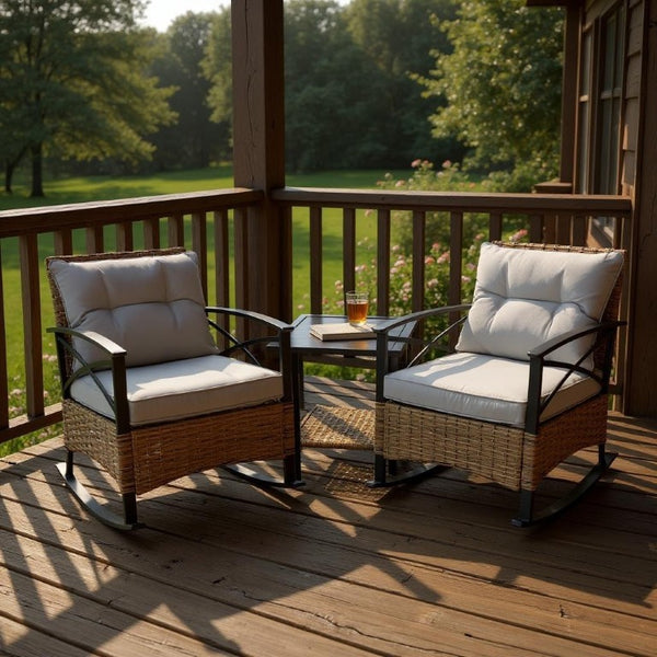 Three Piece Rattan Bistro Set with Woven Wicker Chairs Plus Side Table for Outdoor Patios