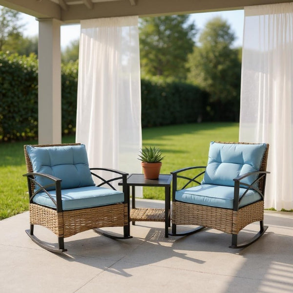Three Piece Rattan Bistro Set for Two with Woven Chairs and Accent Side Table