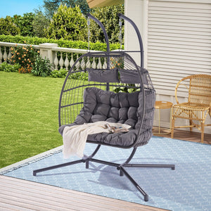 HomeRoots Light Gray Double Swing Chair – Stylish Woven Wicker Seating for Two, Perfect for Indoor/Outdoor Relaxation 555424