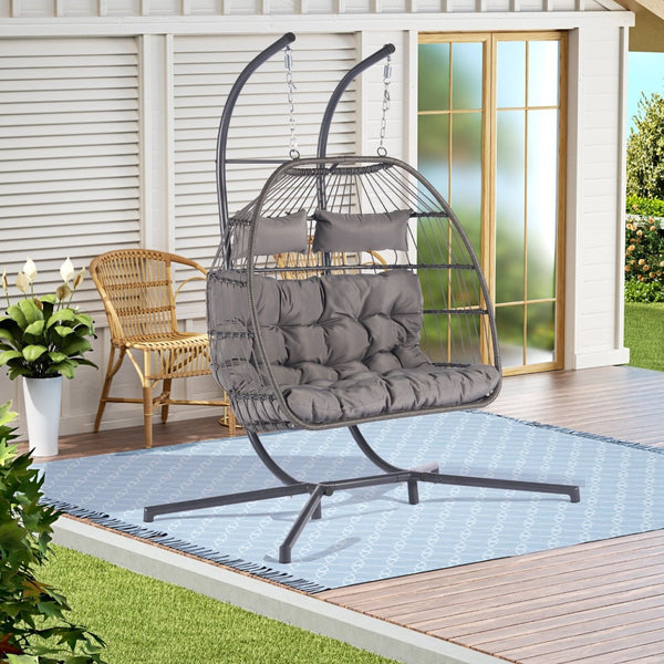 HomeRoots Light Gray Double Swing Chair – Stylish Woven Wicker Seating for Two, Perfect for Indoor/Outdoor Relaxation 555424