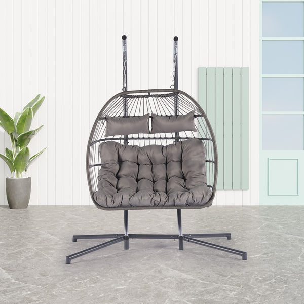 HomeRoots Light Gray Double Swing Chair – Stylish Woven Wicker Seating for Two, Perfect for Indoor/Outdoor Relaxation 555424