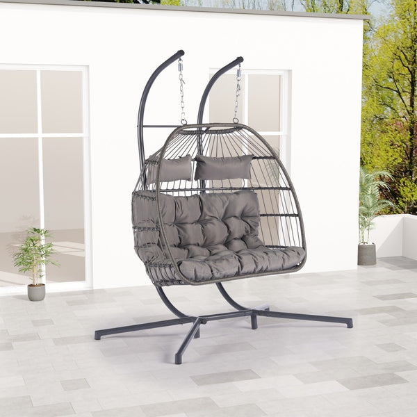 HomeRoots Light Gray Double Swing Chair – Stylish Woven Wicker Seating for Two, Perfect for Indoor/Outdoor Relaxation 555424