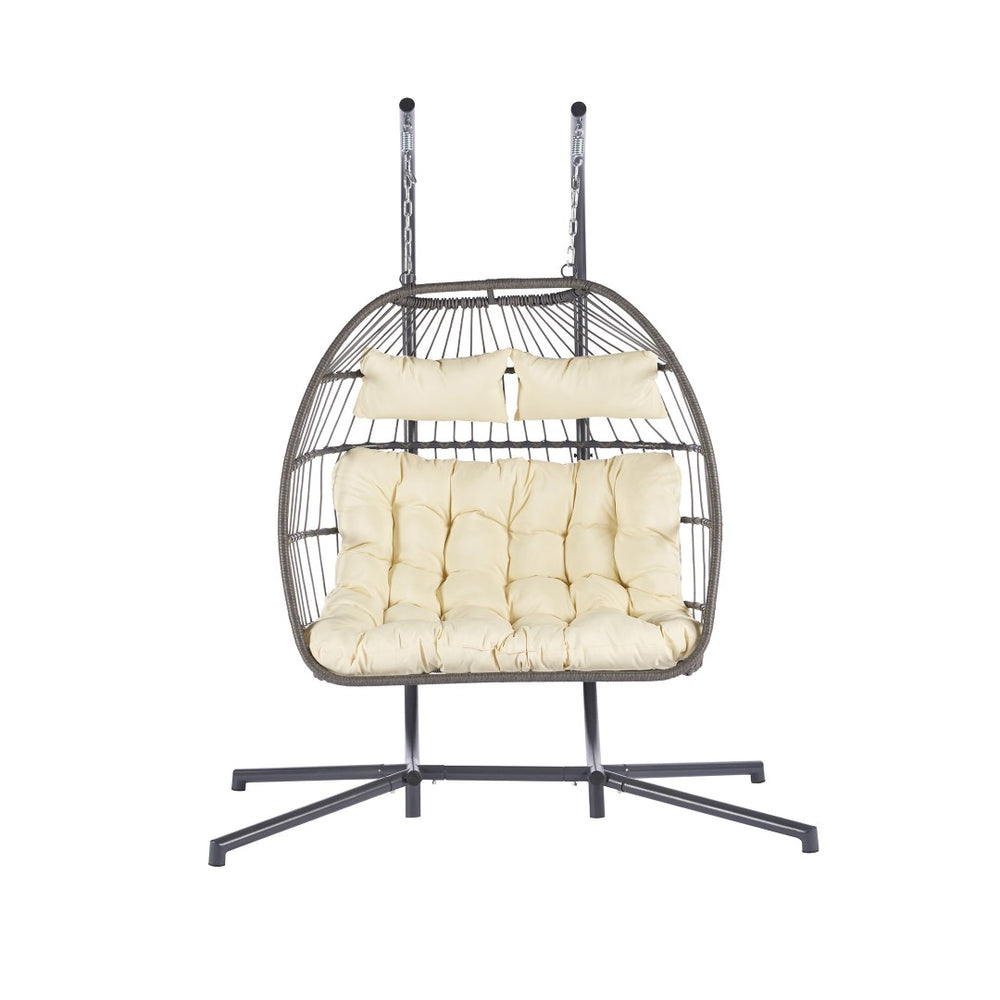 HomeRoots Beige Double Swing Chair for Two - Stylish Indoor/Outdoor Seating with Durable Wicker Design 555425